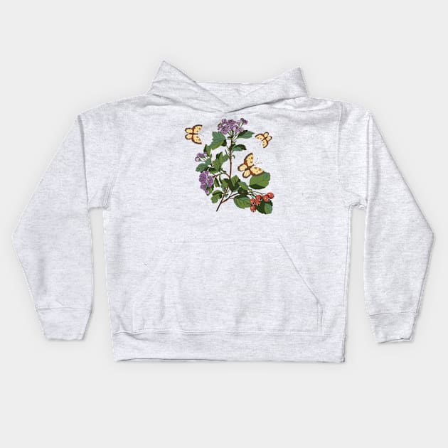 botanical illustration of a plant with berries and a butterfly Kids Hoodie by EEVLADA